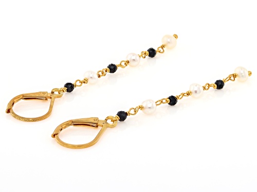 4mm White Cultured Freshwater Pearl & Black Spinel 18k Yellow Gold Over Sterling Silver Earrings