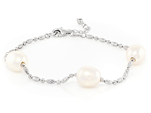 9mm White Cultured Freshwater Pearl Rhodium Over Sterling Silver Bracelet