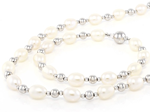 7mm White Cultured Freshwater Pearl Rhodium Over Sterling Silver Necklace, Bracelet, And Earring Set
