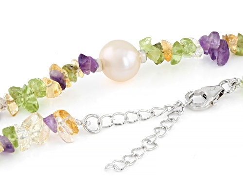 9.5mm Cultured Freshwater Pearl With Amethyst, Peridot & Citrine Rhodium Over Silver Necklace - Size 18