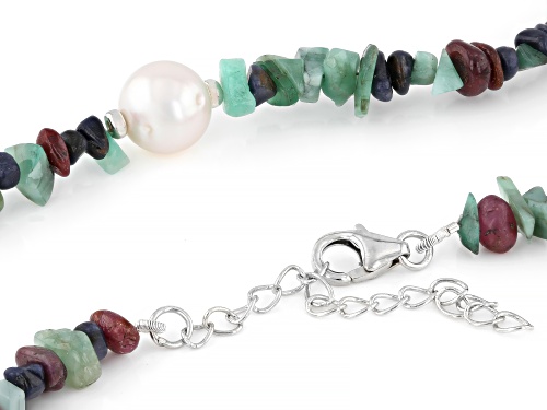 9.5mm Cultured Freshwater Pearl With Emerald, Ruby & Sapphire Rhodium Over Silver Necklace - Size 18