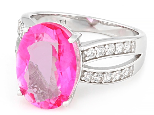 4.72ct Hot Pink Quartz with 0.53ctw White Zircon Rhodium Over Sterling Silver Ring - Size 9
