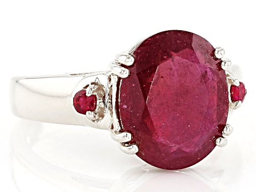 4.25ct Oval & .07ctw Round Mahaleo(R) Ruby Rhodium Over Sterling Silver Ring - Size 8