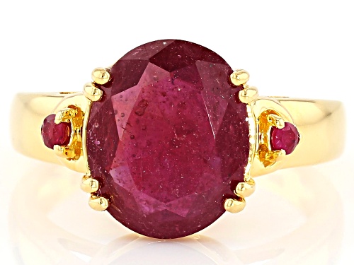 4.25CT OVAL & .07CTW ROUND MAHALEO(R) RUBY 18K YELLOW GOLD OVER SILVER RING - Size 8