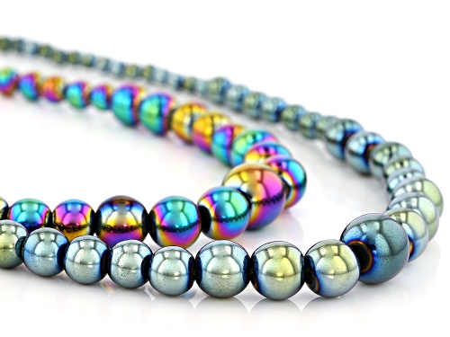 4-12mm Round Graduated Rainbow Color & Green Hematine Silver Set of Two Necklace & Bracelet
