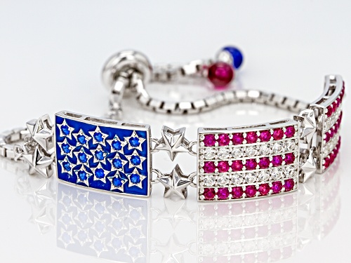 5.31ctw Lab Created Blue Spinel, Ruby & White Sapphire Rhodium Over Silver Bracelet Adjusts 6