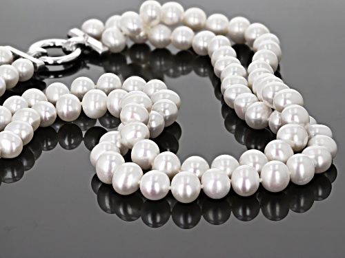 8.5-9.5mm White Cultured Freshwater Pearl Rhodium Over Sterling Silver Double Row Necklace - Size 18