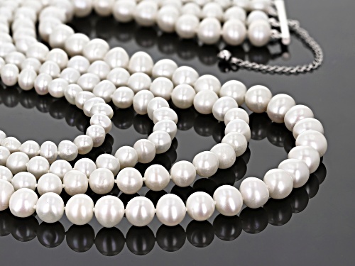6-9.5mm White Cultured Freshwater Pearl Rhodium Over Sterling Silver Multi-Row Necklace - Size 17