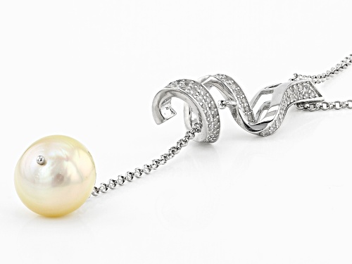 10-11mm Golden Cultured South Sea Pearl & Topaz Rhodium Over Sterling Silver Pendant With Chain