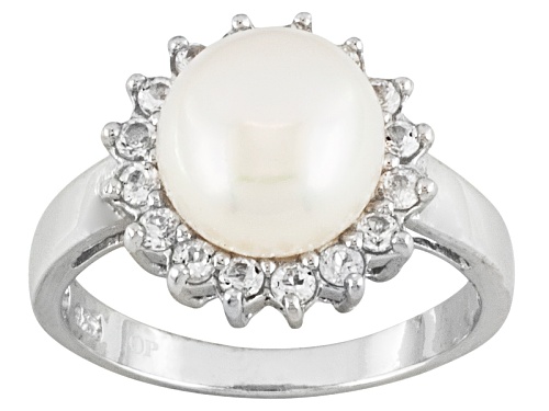 9mm Cultured Freshwater Pearl With 0.50ctw White Topaz Rhodium Over Silver Interchangeable Ring Set - Size 11