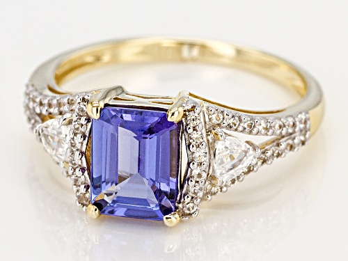 1.27ct Emerald Cut Tanzanite With .54ctw Trillion And Round White Zircon 10k Yellow Gold Ring - Size 6