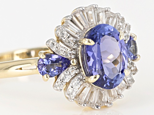 1.33ctw Oval & Pear Shape Tanzanite With .46ctw Tapered Baguette & Round White Zircon 10K Gold Ring - Size 6