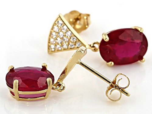 3.50ctw Oval Mahaleo® Ruby With .26ctw Round White Zircon 10k Yellow Gold Dangle Earrings