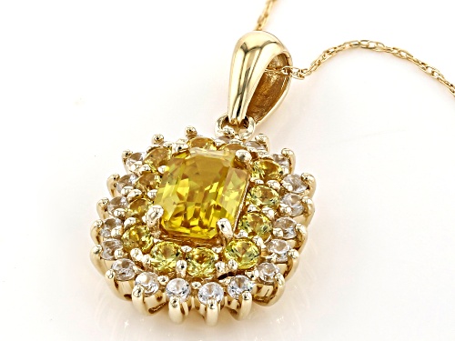 1.46ct Emerald Cut & Round Yellow Sapphire With .36ctw Round White Zircon 10k Gold Pendant W/Chain