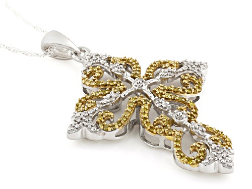 0.50ctw Round Yellow & White Diamond Rhodium Over Silver Cross Pendant With Rope Chain