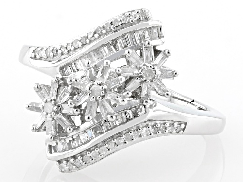 0.40ctw Round And Baguette White Diamond Rhodium Over Sterling Silver Bypass Ring - Size 6