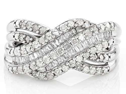 0.90ctw Round And Baguette White Diamond Rhodium Over Sterling Silver Crossover Ring - Size 8