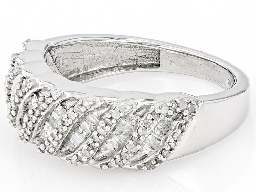 0.60ctw Round And Baguette White Diamond Rhodium Over Sterling Silver Band Ring - Size 5