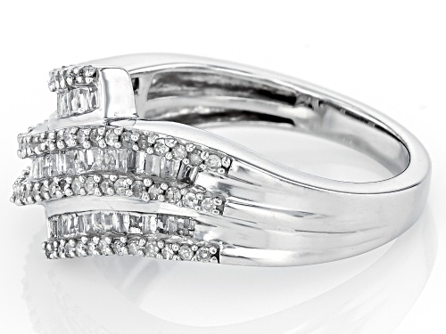 0.55ctw Baguette And Round White Diamond Rhodium Over Sterling Silver Bypass Ring - Size 7