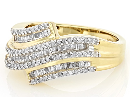 0.55ctw Baguette And Round White Diamond 14k Yellow Gold Over Sterling Silver Bypass Ring - Size 7
