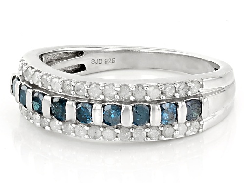 0.80ctw Round Blue And White Diamond Rhodium Over Sterling Silver Band Ring - Size 9