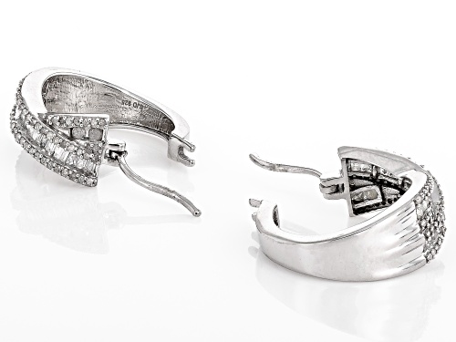 0.90ctw Round And Baguette White Diamond Rhodium Over Sterling Silver Hoop Earrings