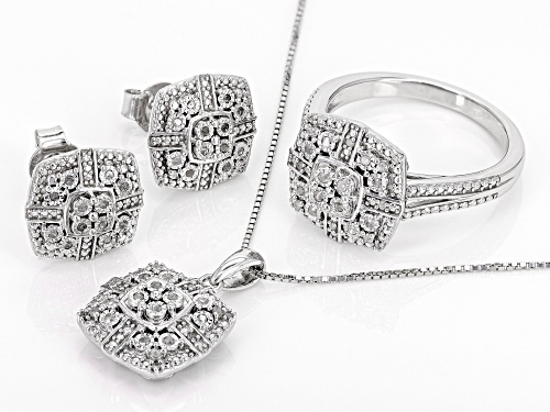 0.25ctw Round White Diamond Rhodium Over Sterling Silver Pendant, Earring And Ring Jewelry Set