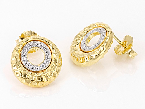 Round White Diamond Accent 18k Yellow Gold Over Sterling Silver Hammered Metal Drop Earrings