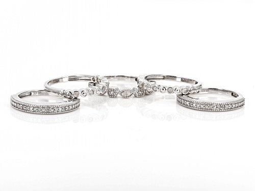 0.45ctw Round White Diamond Rhodium Over Sterling Silver Set of 5 Stackable Band Rings - Size 7