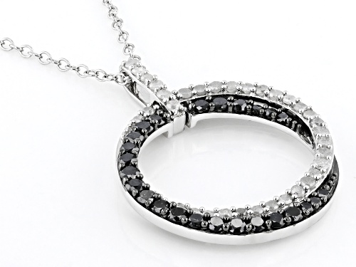 1.00ctw Round Black And White Diamond Rhodium Over Sterling Silver Pendant With 19