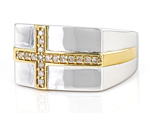 0.20ctw Round Diamond Rhodium & 14K Yellow Gold Over Sterling Silver Cross Mens Ring - Size 11