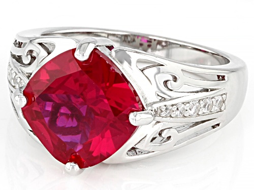 4.00ct Cushion Lab Created Ruby With 0.11ctw White Zircon Rhodium Over Sterling Silver Ring - Size 9
