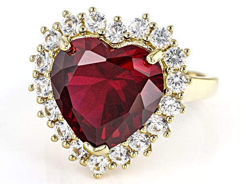 7.87ct Heart Lab Ruby And 0.26ctw Lab Sapphire 18k Yellow Gold Over Sterling Silver Heart Ring - Size 10