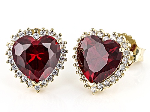 4.86ctw Heart Lab Ruby And 0.34ctw Lab Sapphire 18k Yellow Gold Over Silver Heart Stud Earrings