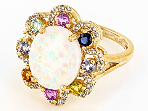12x10mm Lab Multi Color Opal & 0.80ctw Lab Multi Color Sapphire 18k Yellow Gold Over Silver Ring - Size 10