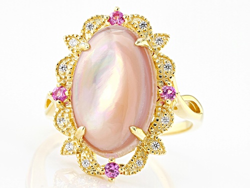 16x10mm Pink Mother-Of-Pearl, 0.24ctw Lab Sapphire & Zircon 18k Yellow Gold Over Silver Ring - Size 8