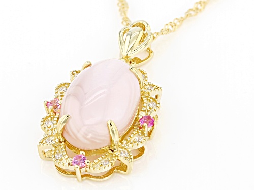 16x10mm Pink Mother-Of-Pearl, 0.24ctw Lab Sapphire & White Zircon 18k Gold Over Silver Pendant Chain
