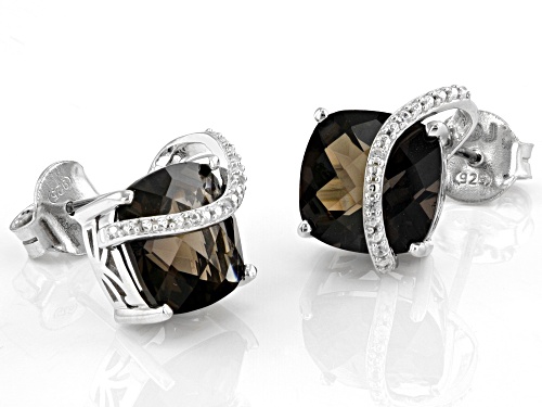 6.80ctw Square Cushion Smoky Quartz With 0.04ctw White Zircon Rhodium Over Sterling Silver Earrings