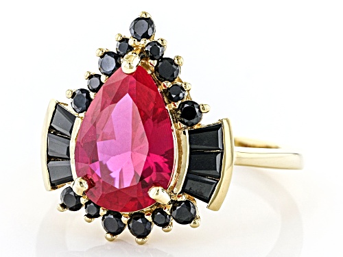 2.76ct Pear Lab Created Ruby With 0.89ctw Black Spinel 18K Yellow Gold Over Sterling Silver Ring - Size 8