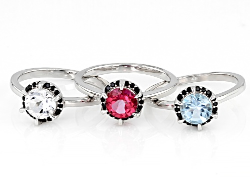 .85ct Glacier Topaz(TM) With 1.95ctw Pink, White Topaz & Spinel Rhodium Over Silver Set/3 Rings - Size 9