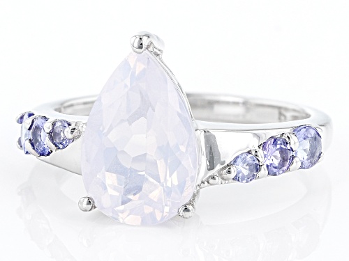 12X8mm Pear Blue Moon Quartz And 0.38ctw Round Tanzanite Rhodium Over Sterling Silver Ring - Size 9