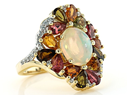 1.51ctw Ethiopian Opal With 1.09ctw Multi Tourmaline & Zircon 18k Yellow Gold Over Silver Ring - Size 8