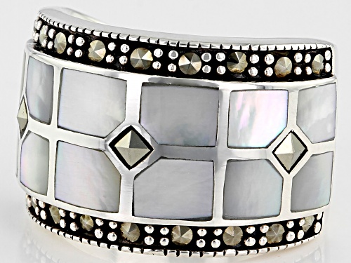 Mixed shapes Inlay Mother of Pearl With Round Marcasite Rhodium Over Sterling Silver Ring - Size 8