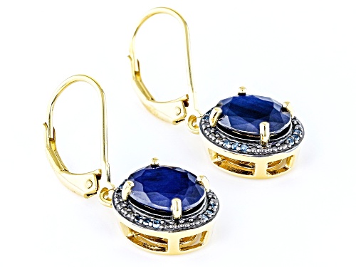 3.57ct Oval Blue Sapphire With 0.08ctw Round Blue Diamond 18k Yellow Gold Over Silver Earrings