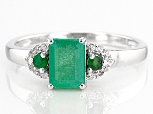 0.79ctw Zambian Emerald And 0.06ctw White Zircon Rhodium Over Sterling Silver Ring - Size 8