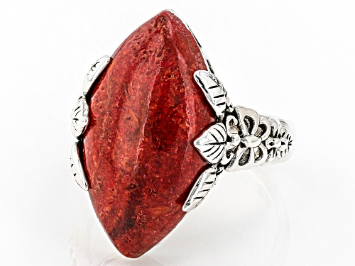 22x12mm Marquise Sponge Red Coral Sterling Silver Ring - Size 8