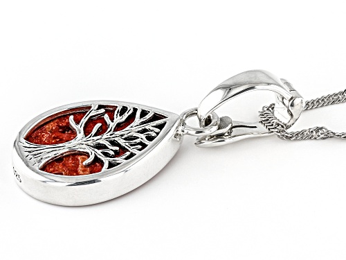 18x13mm Pear Shape Sponge Red Coral Sterling Silver Tree Of Life Pendant Enhancer With Chain
