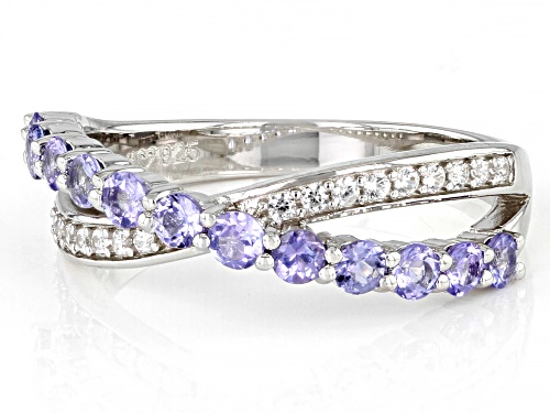 0.64ctw Round Tanzanite And 0.29ctw Round White Zircon Rhodium Over Sterling Silver Band Ring - Size 6