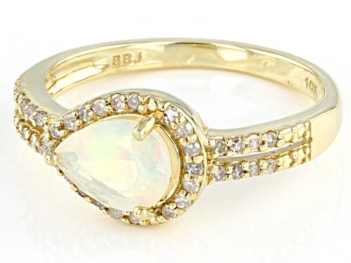 0.54ct Pear Shaped Ethiopian Opal With 0.16ctw White Diamond Accents 10k Yellow Gold Ring - Size 9