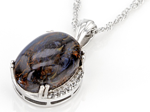 14x10mm Pietersite With 0.56ctw White Zircon Rhodium Over Sterling Silver Pendant With Chain
